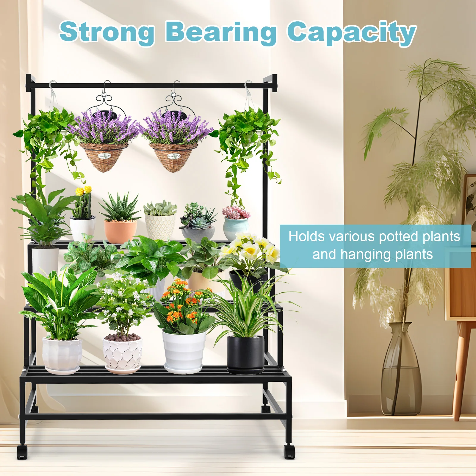Plant Stand 3-tier Ladder Hanging Shelf Holder Storage Pot Rack With Wheels For Living Room Garden