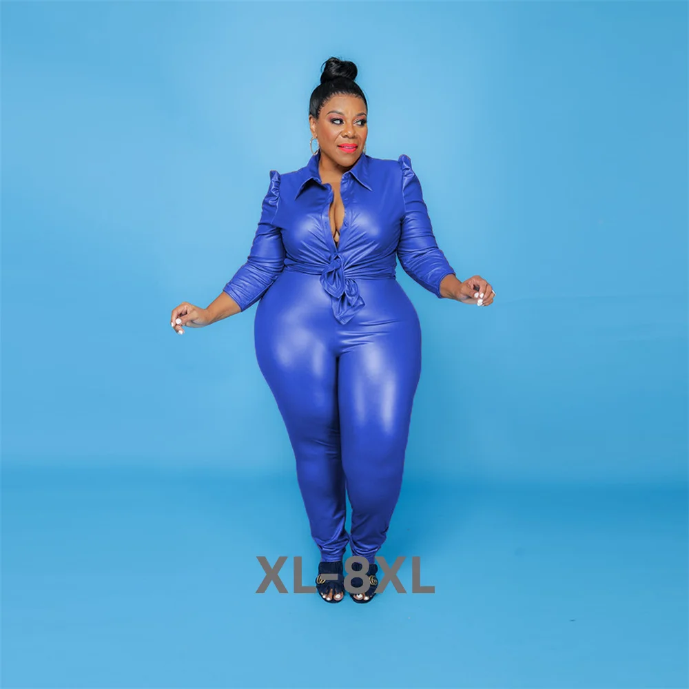 

Plus Size Women Clothing Pu Two Pieces Sets Office Lay Long Sleeve Top Trousers Solid Fashion New Outfits Who 3xl 4xl 5xl 6xl