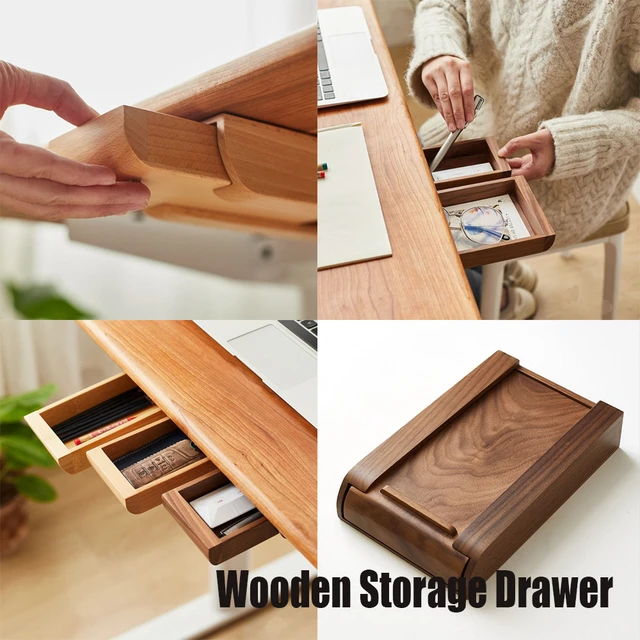 Wood Under Desk Organizer Drawer, Handmade Self-adhesive Storage