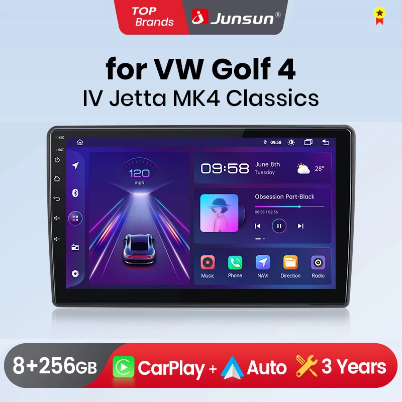 Junsun Kabelloses CarPlay Android Auto Autoradio für VW Golf 4 Jetta MK4 1997-2003 2 DIN Multimedia-Stereoanlage mit Eingebautem Kühlventilator GPS-Navigation SWC Bluetooth FM RDS DSP IPS-Bildschirm Auto-Intelligentes System 4G WiFi 8-Kern Plug&Play Haupteinheit