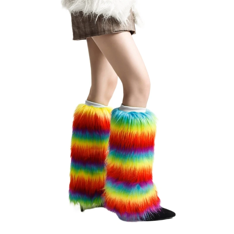 Japanische bunte Regenbogen Kunstpelz Beinwärmer Stiefelüberzüge Y2K Goth Beinsocken Punk JK Knielang Hiphop Mädchen Mode warme Socken – Detail 1