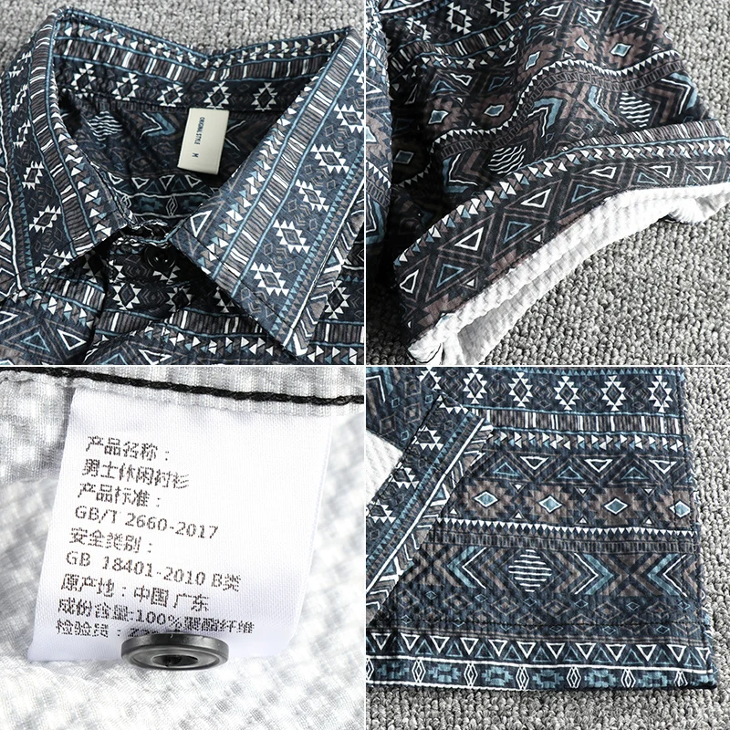 Trend retro national wind totem short sleeve shirt men's seersucker breathable comfortable loose casual half sleeve top