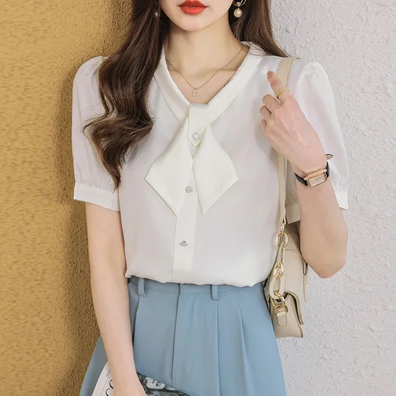 

Summer Short Sleeve Blouse Women Bow Collar White Chiffon Blouse Shirt Women Tops Blusas Mujer De Moda 2024 Verano Shirts G428