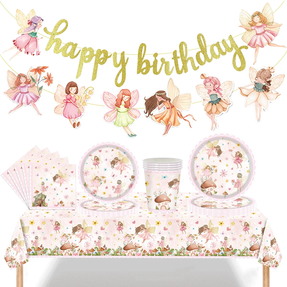 Feen-Geburtstagsparty-Dekoration, Geschirr, Feenteller, Tassen, Servietten, Tischdecke, Banner, Blumenfeen, Feengarten, Partyzubehör