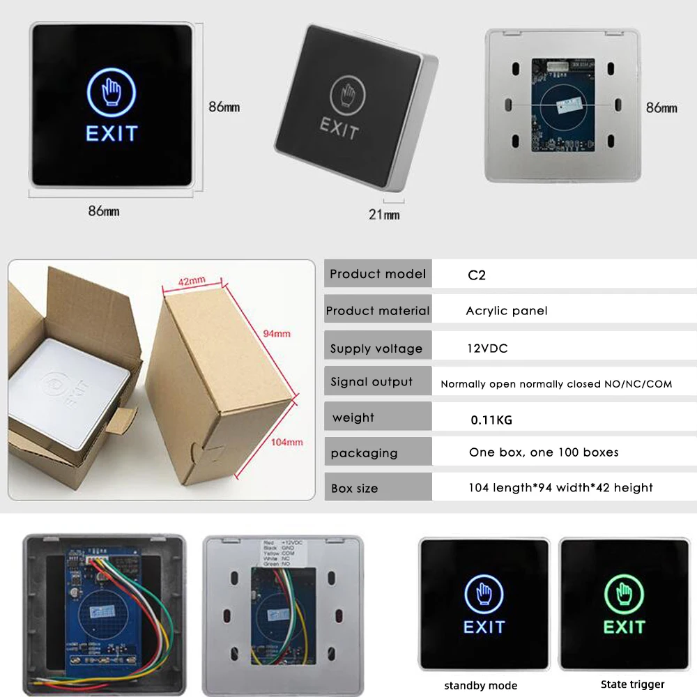 Botón de salida táctil de retroiluminación, interruptor de liberación de puerta sin contacto infrarrojo para sistema de Control de acceso con indicador LED, 86x86mm