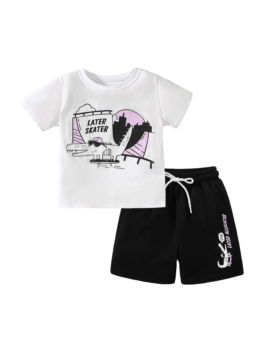 

2024 Summer Baby Boys Cotton Short Sleeve Suit For 2-7Years Kids Round Neck Cartoons T-shirt+Beach Shorts Two-piece Suit