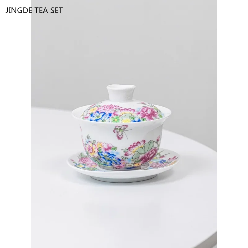 1PCS 90ML Dehua suet jade ceramic gaiwan hand-painted enamel color three cups covered bowl ceramic beauty tea infuser