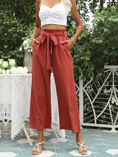 JIM & NORA Women Wide Leg Solid Chiffon Pants Lace Up Elastic High