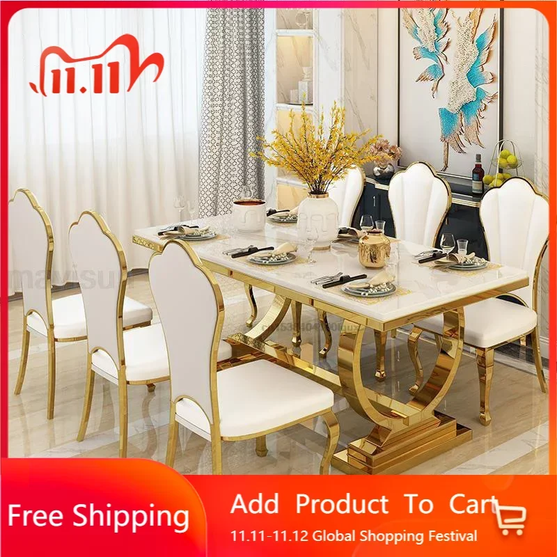 

Light Luxury Kitchen Table With Marble Rectangle Stable Gold Plated Stainless Steel Frame Hotel Dinner Dining Table And Chairs