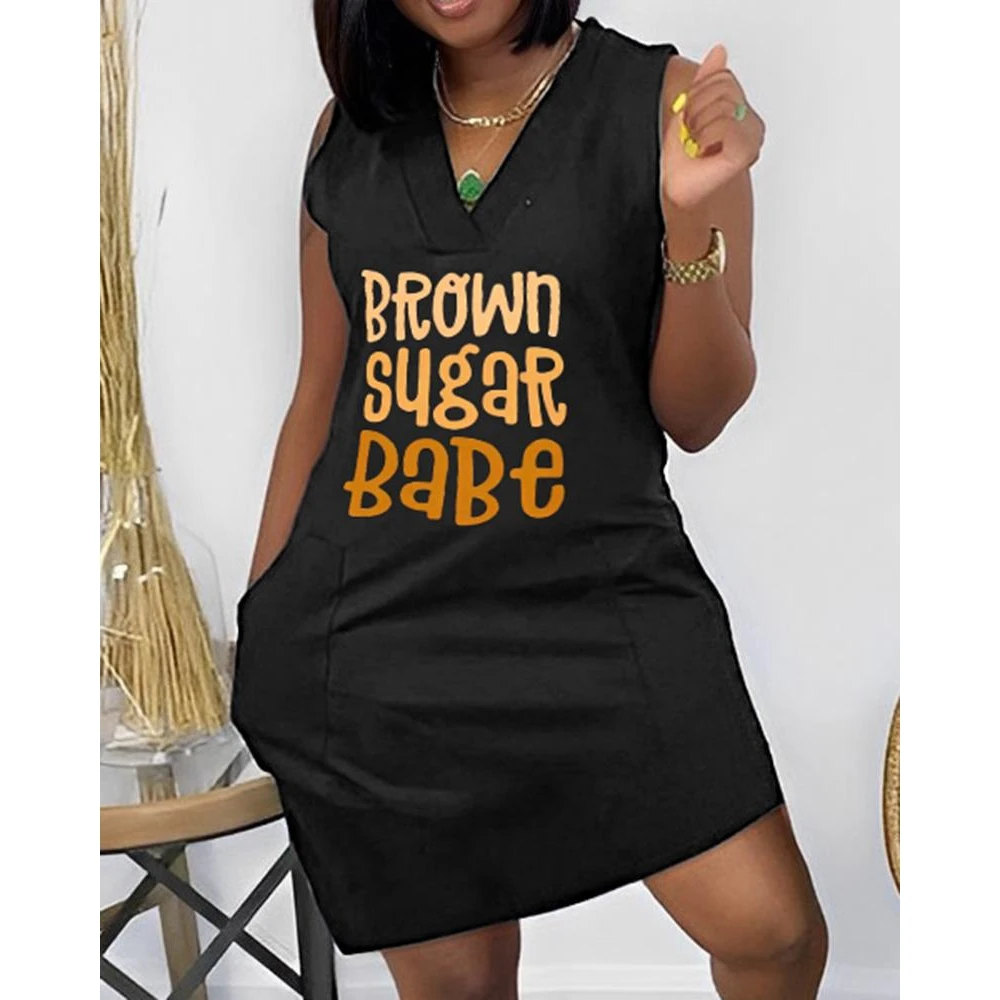 

Women Casual Sporty Letter Print Sundress V Neck Mini Dress Summer Female Sleeveless Vacation Straight Short Dress Streetwear