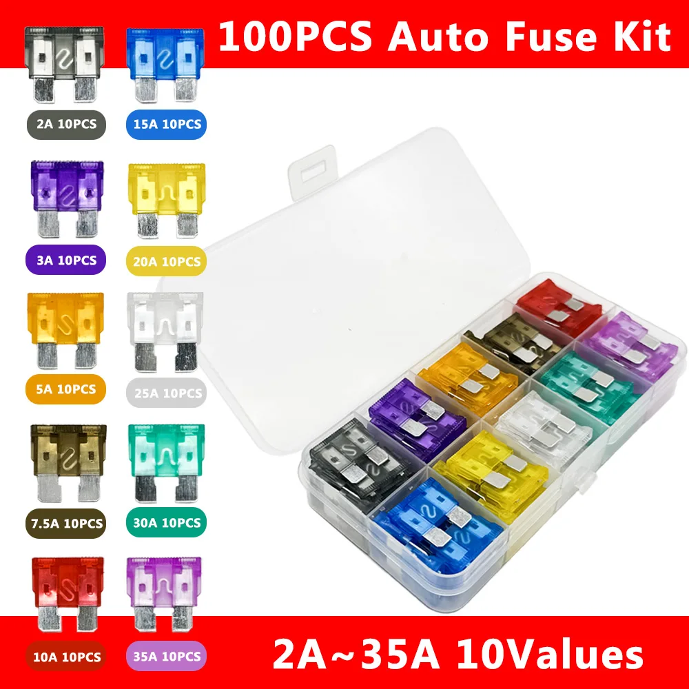 100Pcs Medium car Auto Fuse Kit 15A 20A 25A 30A 35A 10 Types Car Fuse Assortment with Box Blade Type Assorted Kit