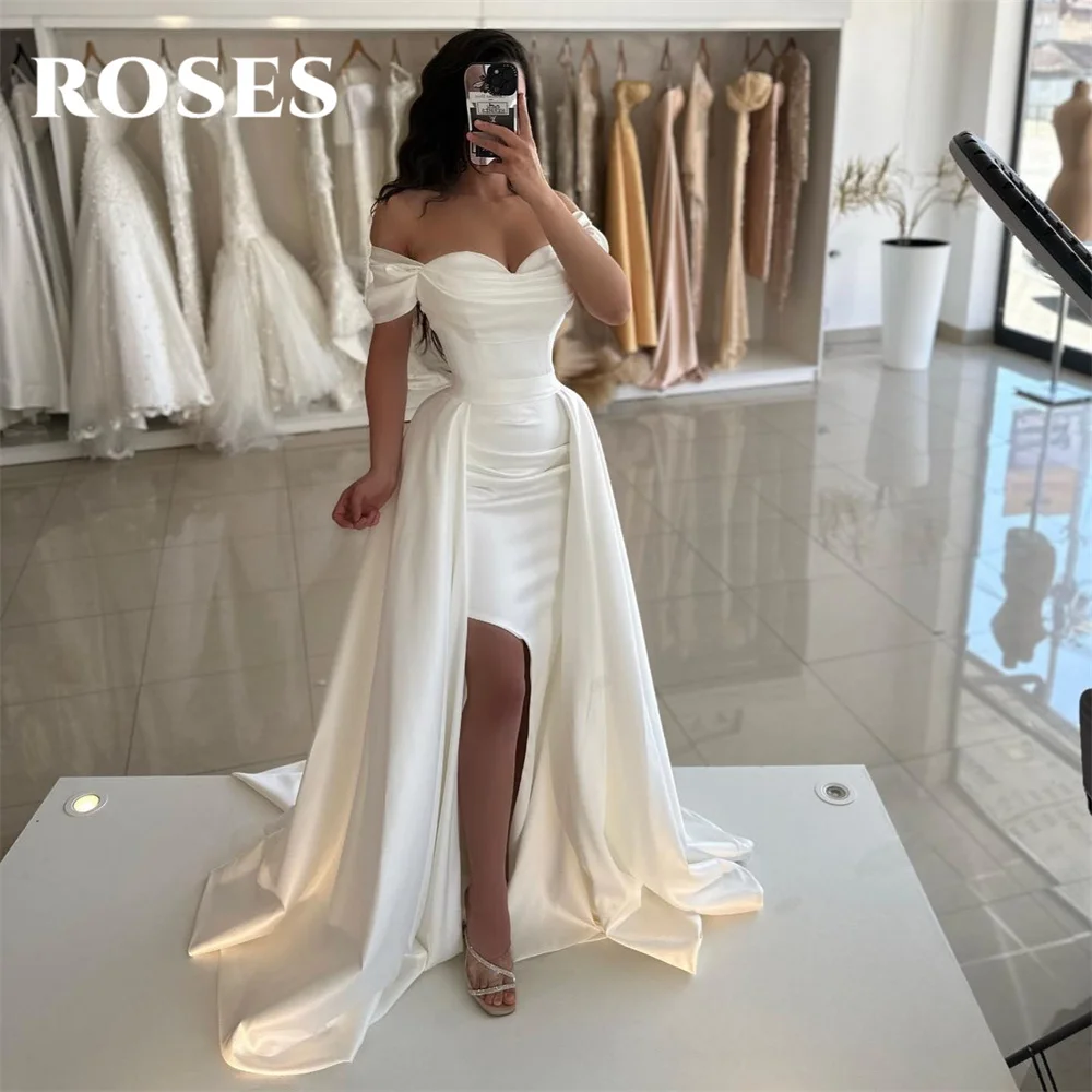 

ROSES White Evening Dress Off The Shoulder A-Line Pleats Party Dress Sweetheart Vestido De Novia Sexy Side High Split Prom Dress