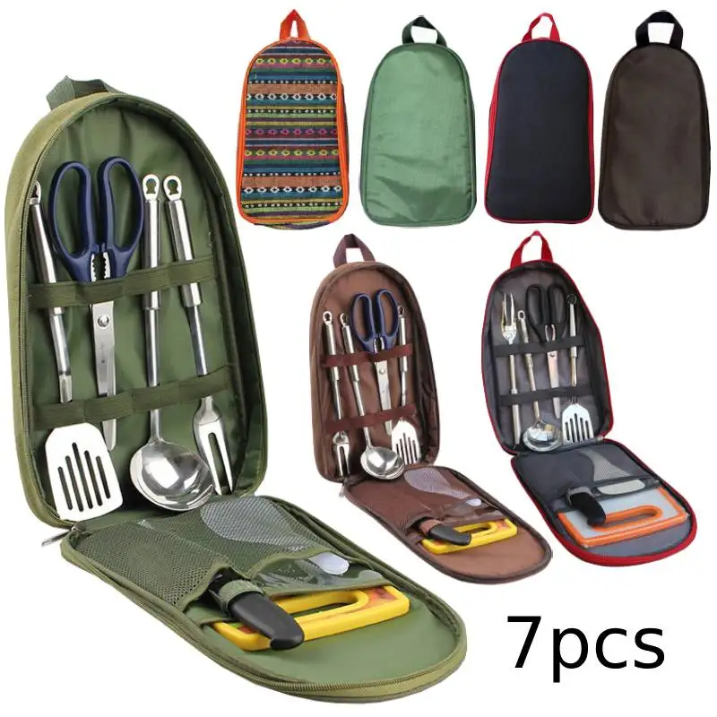 HOT 7pcs Outdoor Camping Cookware Utensil Set Portable Tableware Kitchen Cooking Utensil Organizer Hiking Travel BBQ Storage Bag