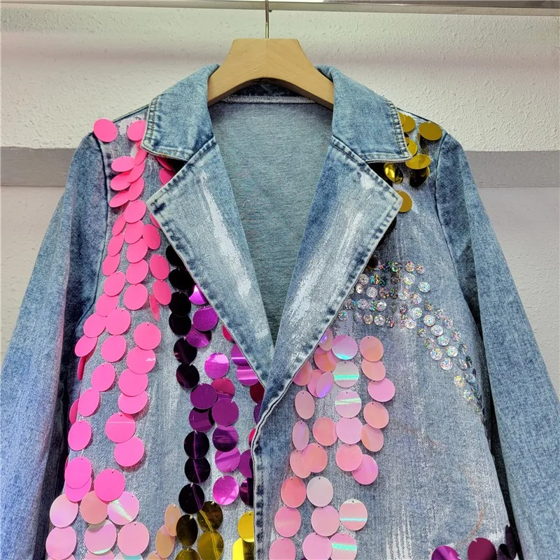 Color Hand Painted Heavy Embroidery Sequins Suit Top New Tailored Collar Coat