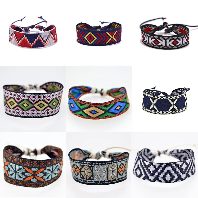 Bohemia Retro Wrap Embroidered cloth Rope Bracelet for Men Unisex Wristband Cotton Summer Holiday Jewelry Gift