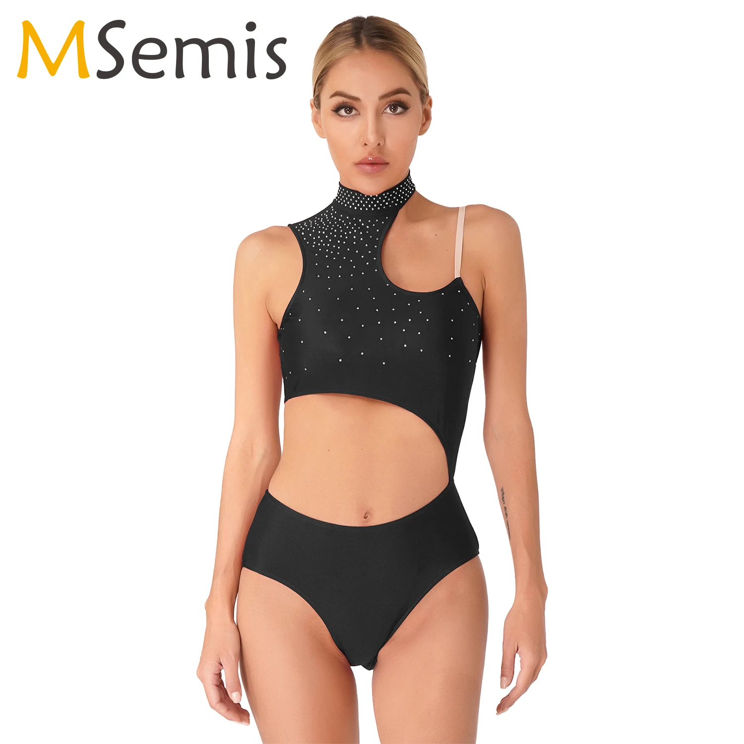 

Ballet Dance Leotard Womens Figure Skating Costume Sleeveless Glittery Rhinestone Cutout Bodysuit for Gymnastics Acrobatics