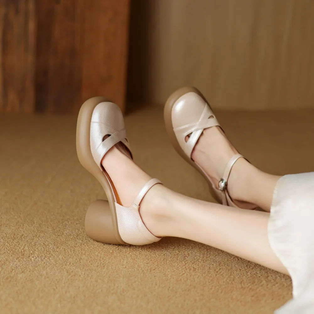 Summer New Genuine Leather Thick Sole Hollow High Heel Shoes for Women's Retro Versatile One Button Headband Thick Heel Sandals