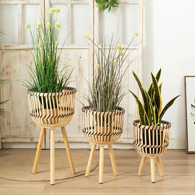 Support de plante tissé avec pieds, jardinière décorative en bois, panier  en bambou tissé à la