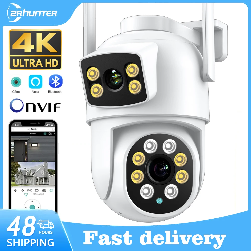 8MP 4K WIFI IP Camera Dual Lens PTZ Outdoor Wireless Surveillance Camera Auto Tracking Night Vision Home Security Monitor iCSee