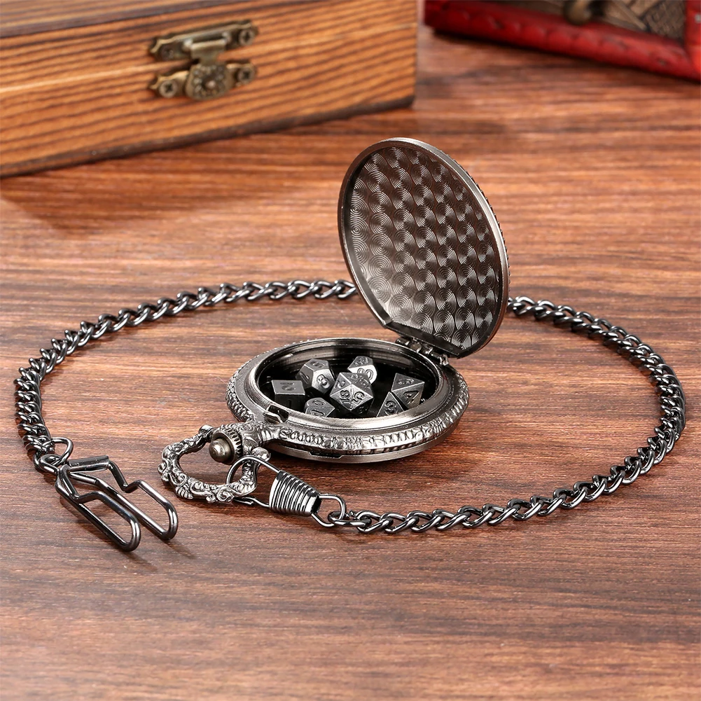 Mini DND Dice Set Small Metal Polyhedral Dice with Dragon Pocket Watch Shell Case Metal Set for Dungeons and Dragons Gifts