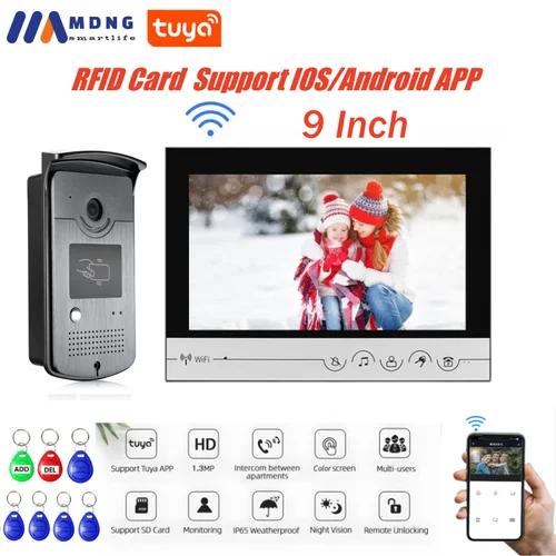 투야 와이파이 비디오 인터폰 시스템, RFID 지문 비밀번호 무선 도어 폰 인터콤, 가정용 야외 거리 초인종 카메라 무선인터컴 비디오인터폰 무선 인터폰 전화기 4