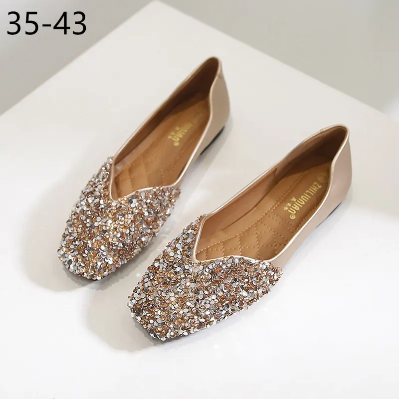 

41 42 43 Plus Big Over Large Size New Flat Single Shoes Square Head Bridesmaid Shoes Versatile Rhinestone Work Shoes Ladle Shoes
