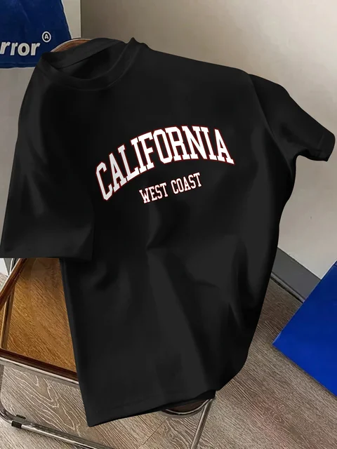 Men's Summer 100% Polyester Fashion California Letter Printed Loose Large Casual Comfortable Round Neck Short Sleeve T-shirt Top 3