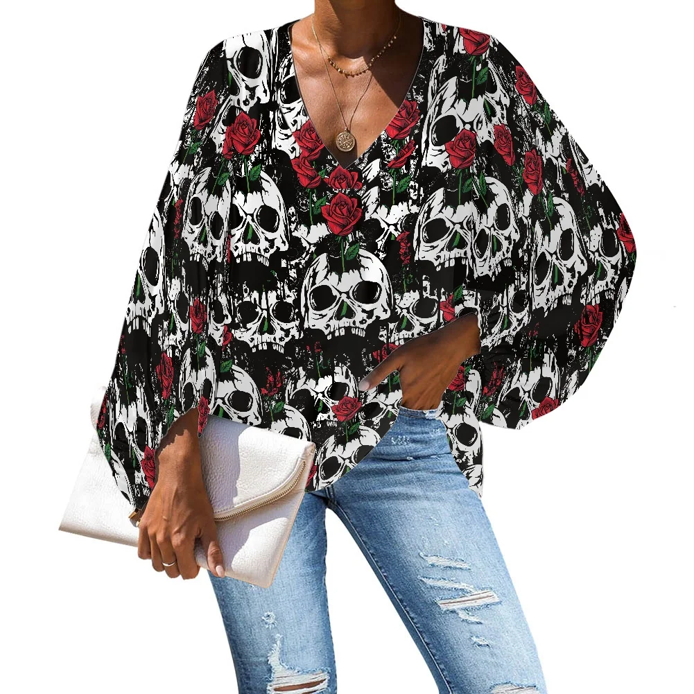 

Soft 4XL 2021 Spring Women Fashion Long Sleeve V-Neck Skull Rose Print Loose Blouse Shirts Casual Summer Shirt Tops