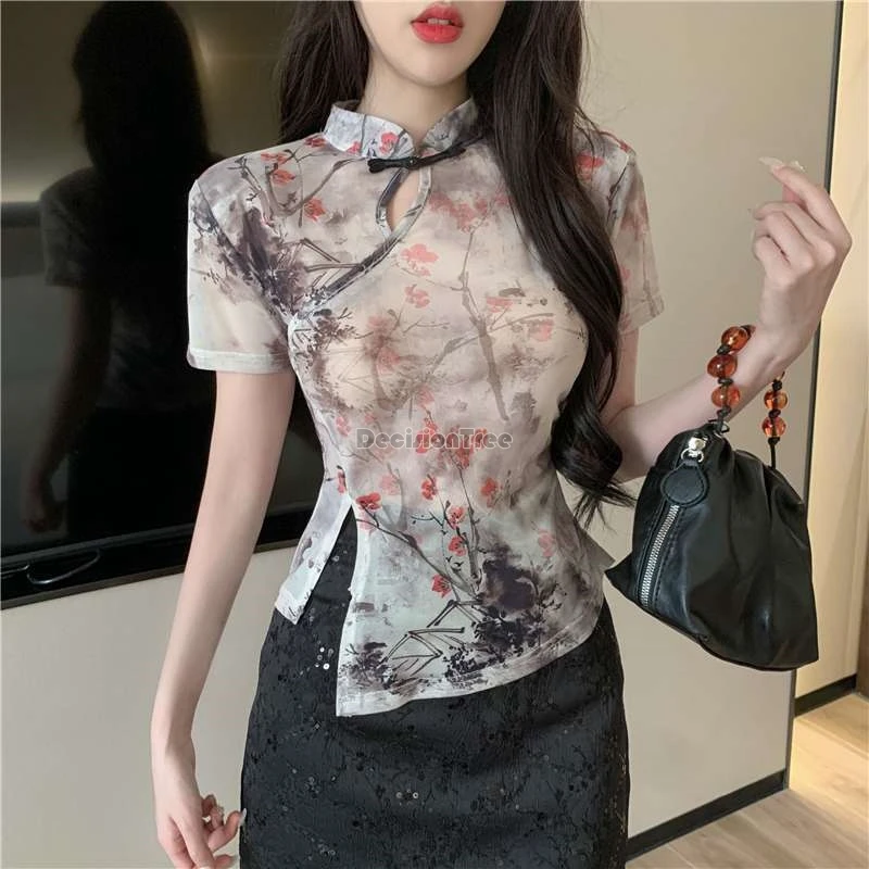 new chinese spicy girl style slim thin qipao top exquisite ink plum blossom printing gauze top retro literature art blouse