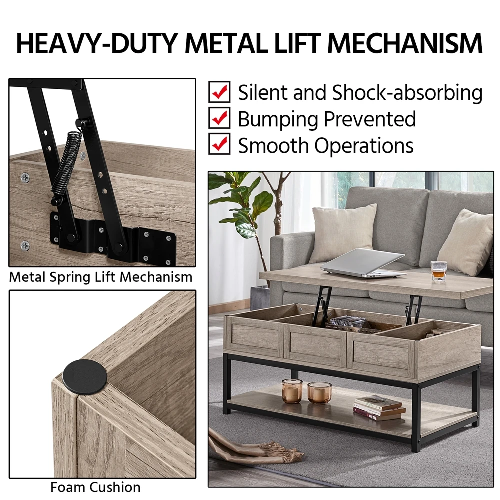 Wooden Lift Top Coffee Table with Storage Shelf, Rustic Gray Living Room Table Coffee Table Furniture Bed Side Table
