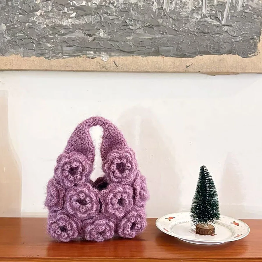 Women's Hollow Woven Shoulder Bags Braided Bag small Tote Bag Lazy Style Knitted Hollow Flower Summer Mesh Beach Bag