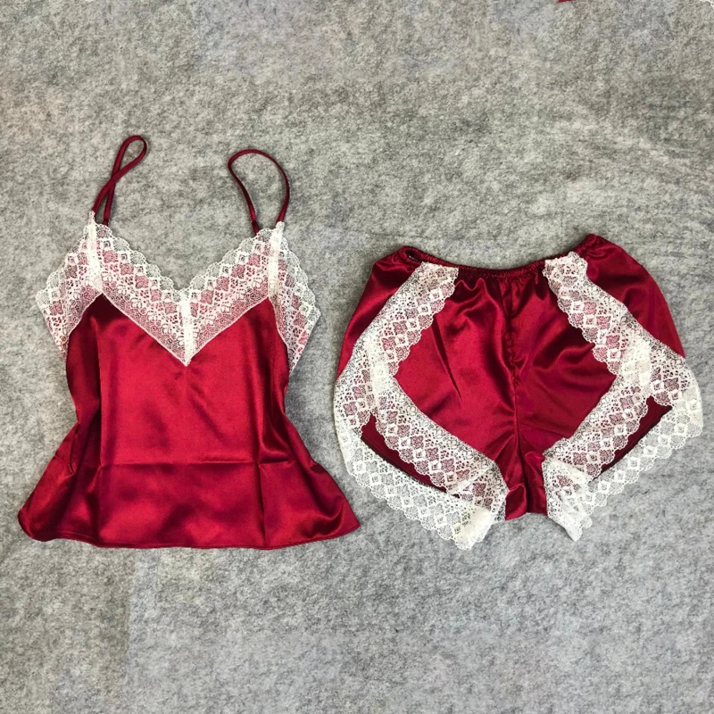 

Women's Sexy Sleepwear Satin Pajama Set White Lace V-Neck Pyjamas Sleeveless Cute Cami Top And Shorts Female Sleeping Supplies