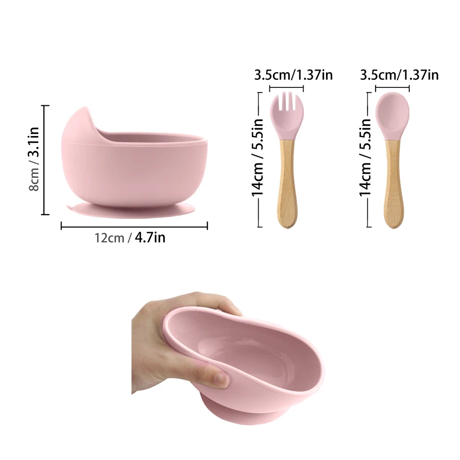 3PCS Baby Silicone Dinner Set Food Grade Tableware Sets For Kid Wooden Handle Spoon Fork Feeding Training Baby Dishes Baby Stuff 6
