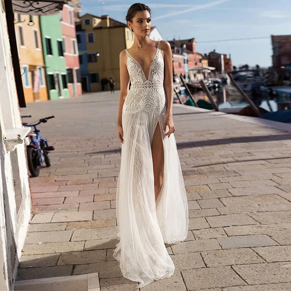 Vestidos de novia de encaje sirena con cuello ilusión y abertura Champagne Tallas Grandes main image 1