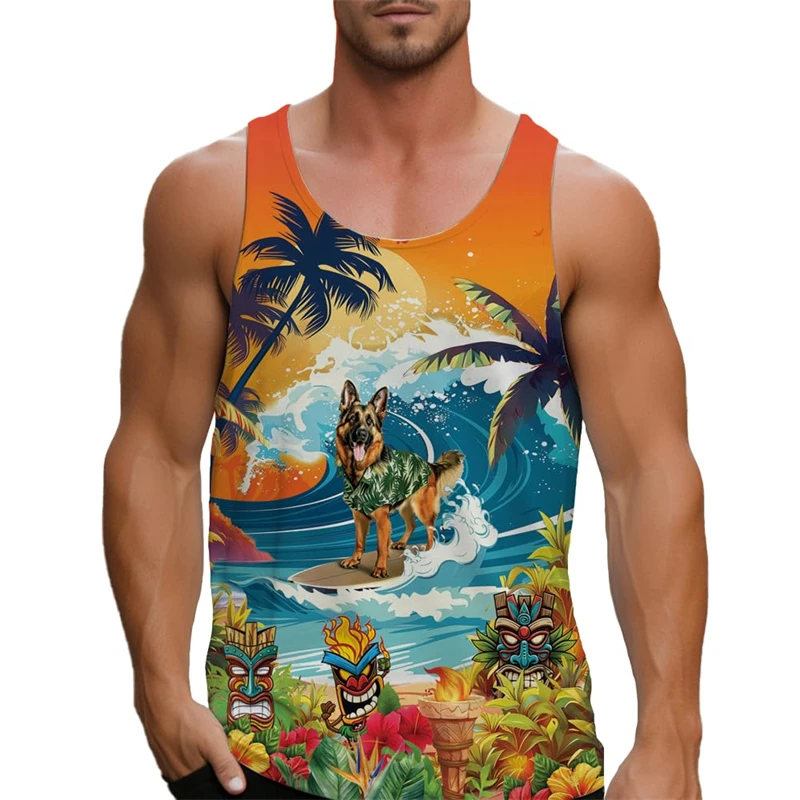 Man wearing a vibrant orange and yellow Hawaiian tank top featuring a dog surfing on ocean waves with palm trees and a tropical sunset background.