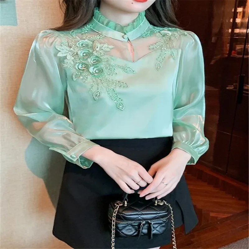 

Elegant 2023 Autumn Shirt Embroidery Beads Chiffon Simple Office Blouse Loose Tops Long Sleeve Casual Blouses Women