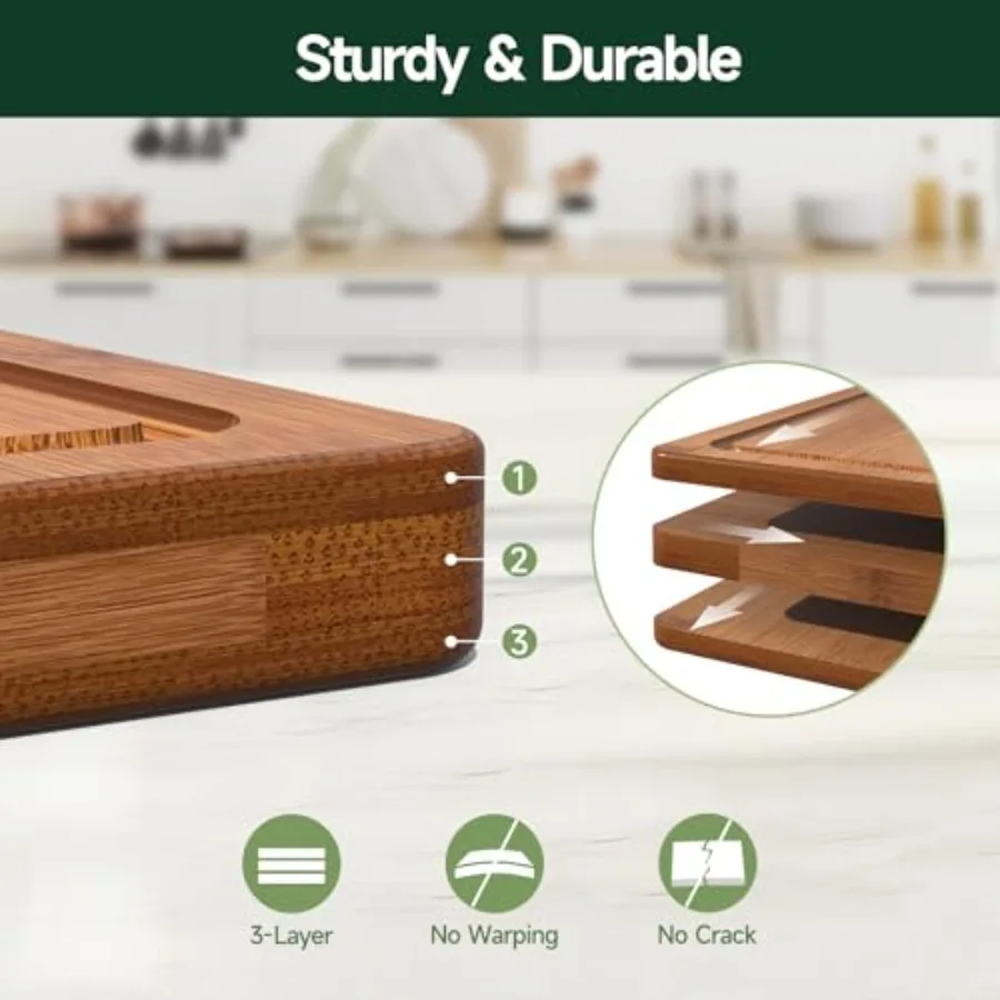 Kitchen bamboo cutting board - crack-resistant natural wood with deep juice grooves, pre-oiled butcher block in warm brown for 3