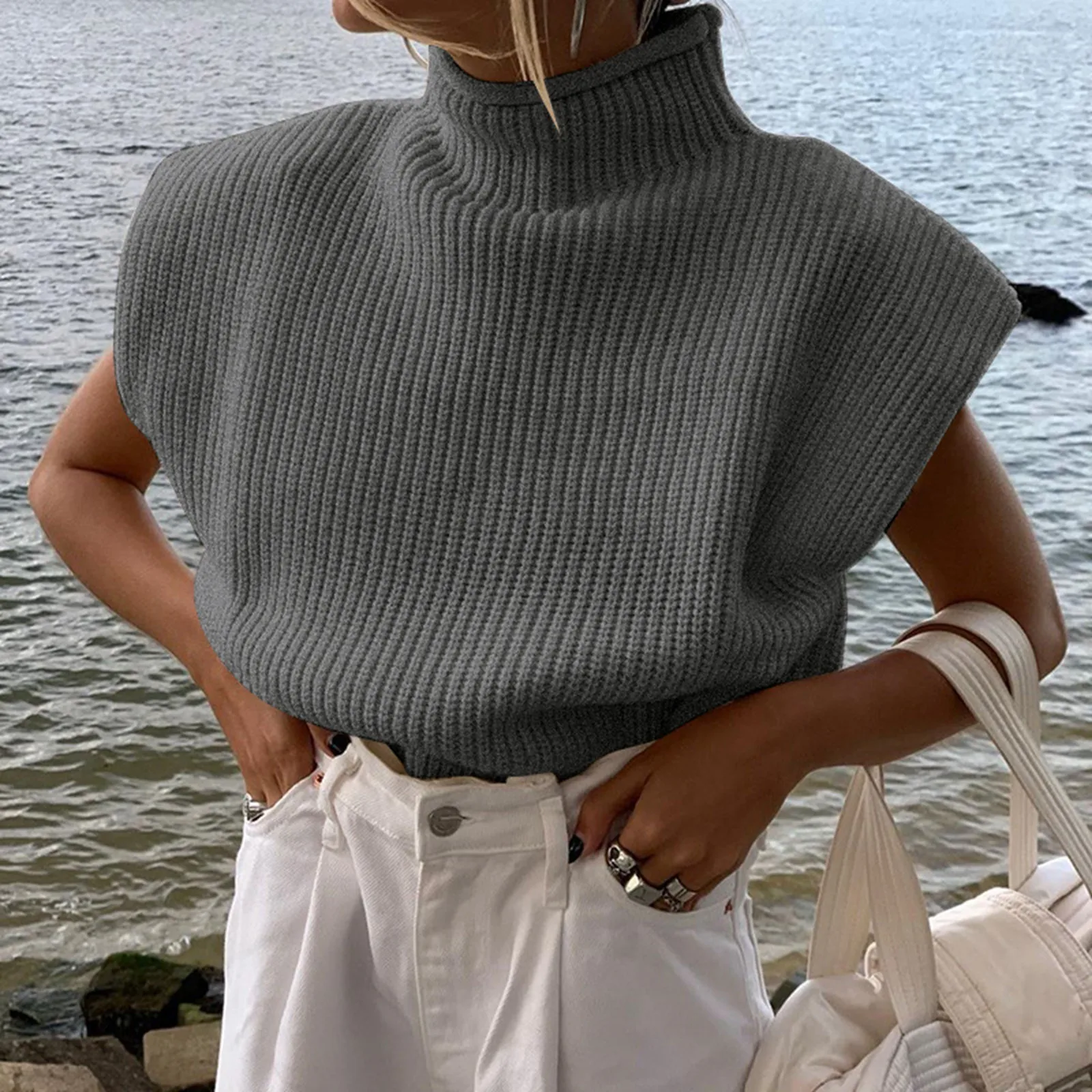 

Women Autumn And Winter Solid Color Wool Sweater Sexy Temperament High Neck Sleeveless Pullover Womens Soft Fleece Pullover