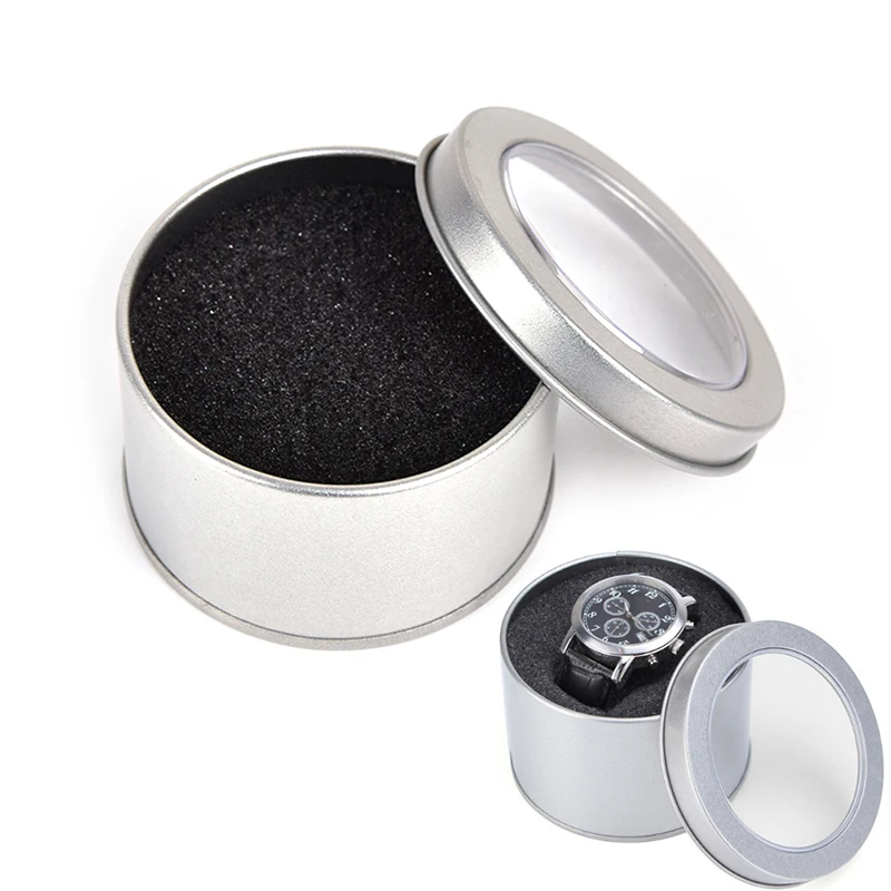 Watch Storage Box Watch Storage Bag Watch Storage Pouch Watch Display Stand Silver Round Metal Jewelry Watch Box Display Case Watch Box Holder 6.5*4cm