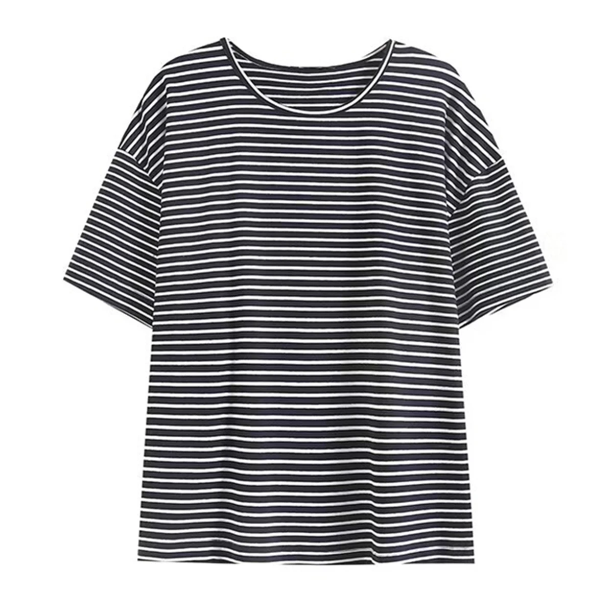 

Maxdutti Summer Casual Tops Loose Round Neck Tshirts Girls 2024 Fashion Minimalist Retro Striped T-shirt For Women