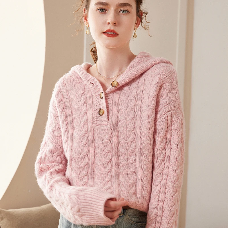 

24 Autumn/Winter New Europe Station 5 Strands Thickened 100% Pure Cashmere Hoodie Women's Loose and Lazy Knit Sweater