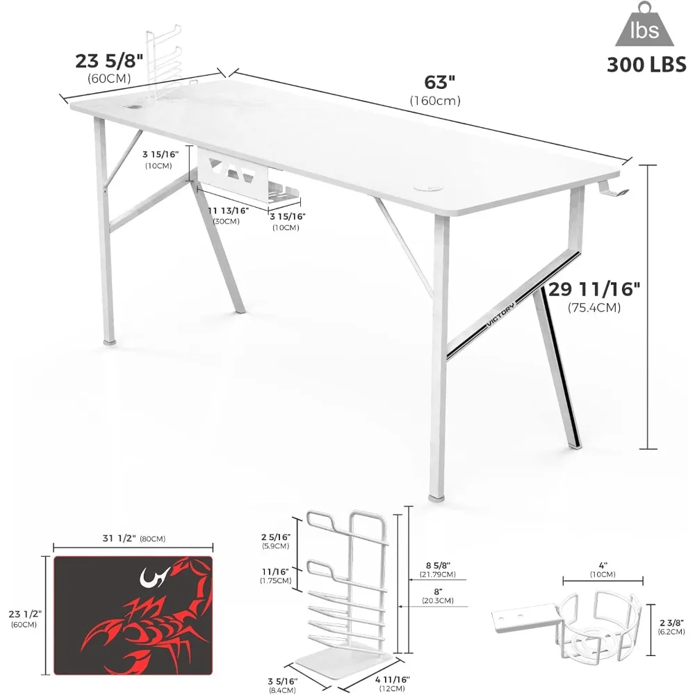 ergonomic k-shaped gaming desk, 63" x 24" home office desk with cable management and cup holder for study and work