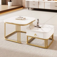 Anajqaqia Ensemble de table basse empilable 2 pièces, finition marbre brillant, table d'appoint avec 1 tiroir de rangement et cadre en métal doré 3