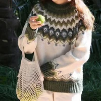 Fashion Jacquard Print Patchwork Pullover Tops 2024 Women Elegant O-neck Knitted Sweater Causal Long Sleeve Loose Thick Jumpers 2