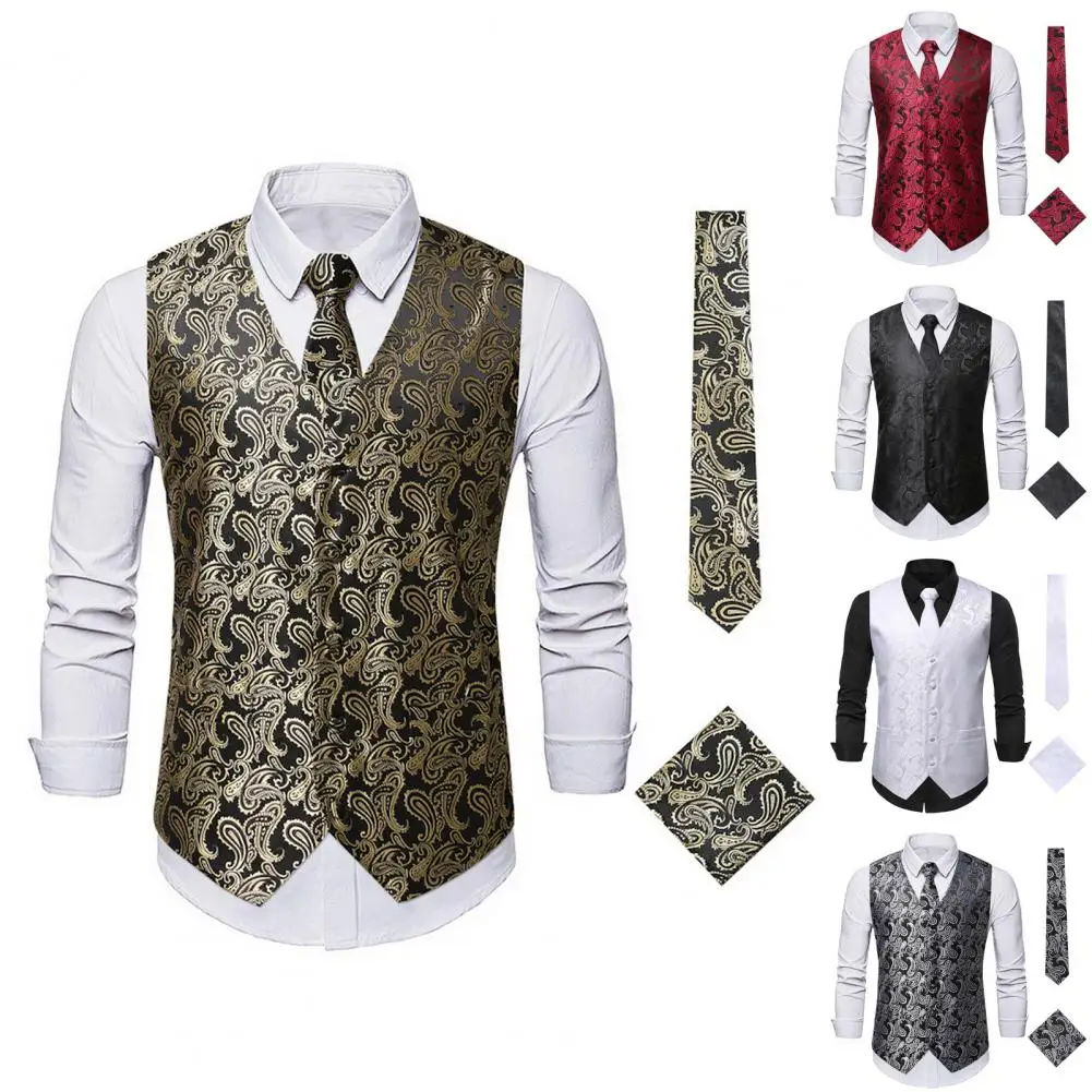 

Men Waistcoat Stylish Men's Cashew Nut Print Waistcoat Set with Business Tie Kerchief for Spring Business Attire Wedding