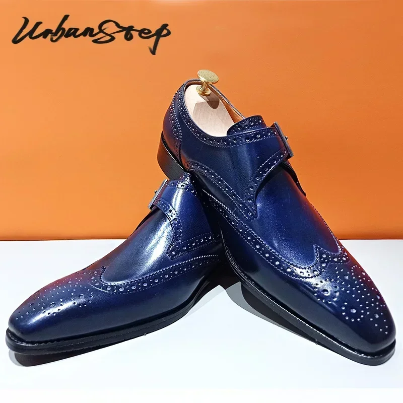 Luxury Casual Men Monk Strap Shoes Blue Black WingTip polishing Loafers Men Dress Shoes Wedding Office Leather men monk strap shoes