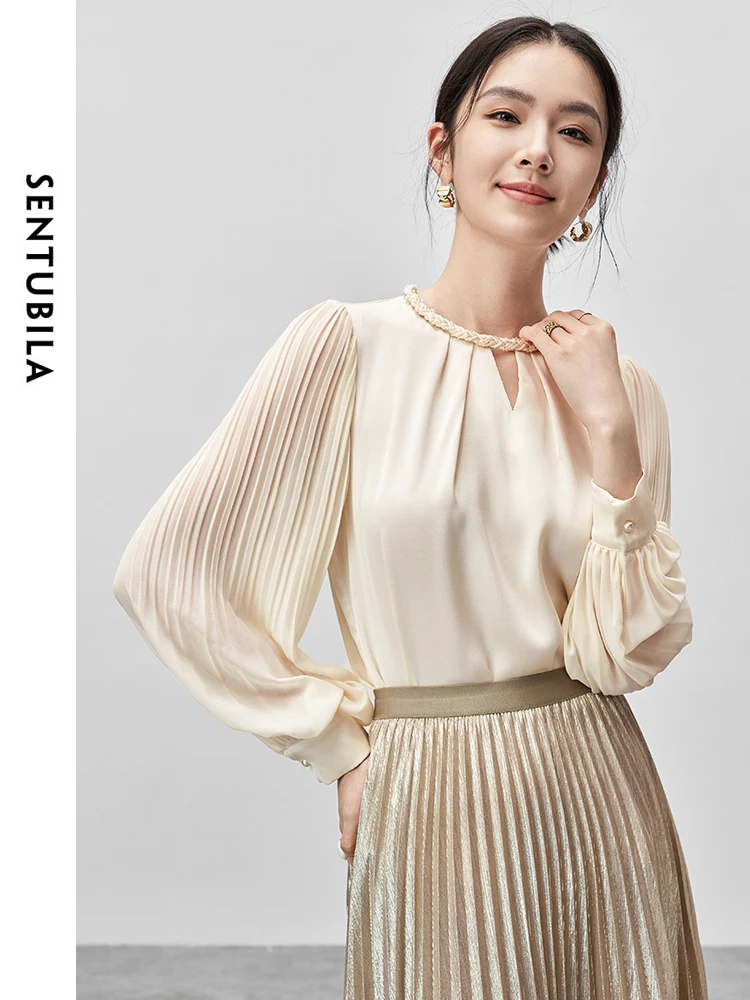 SENTUBILA Women French Hollow Out Blouse Autumn Chiffon Straight Woven O Neck Lantern Sleeve Tops 143V56037