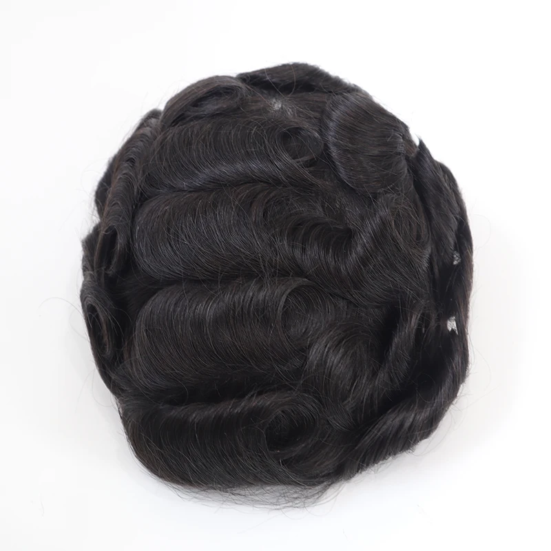Handmade Male Wigs Men Toupee 100% Human Hair Natural Hair Replacement System 0.02-0.03 mm Soft Thin Skin V-loop Hairpieces Unit