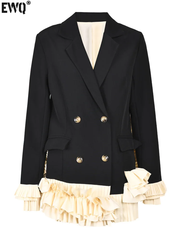 

[EWQ] Office Women's Coat Women Black Ruffles Hem Elegant Blazer Long Sleeve Loose Fit Jacket Fashion Tide Spring Autumn 2023