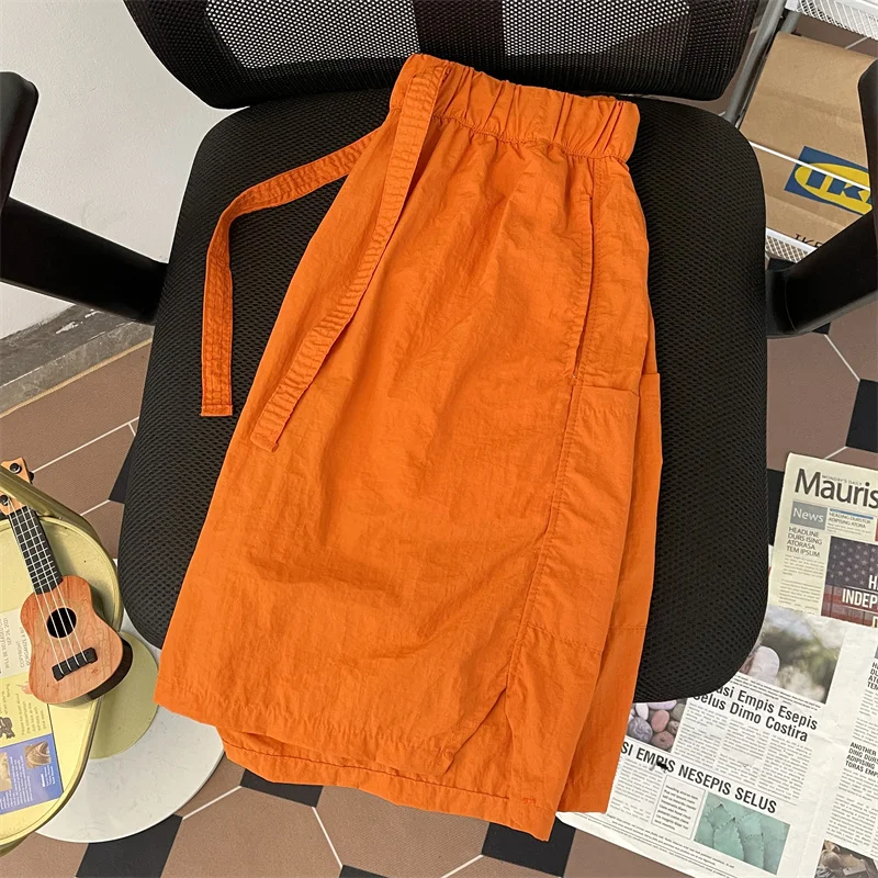 2024 Spring Summer Solid Color Casual Shorts Men's Straight Loose Sports Outerwear Shorts Quick-Drying Knee Length Pants